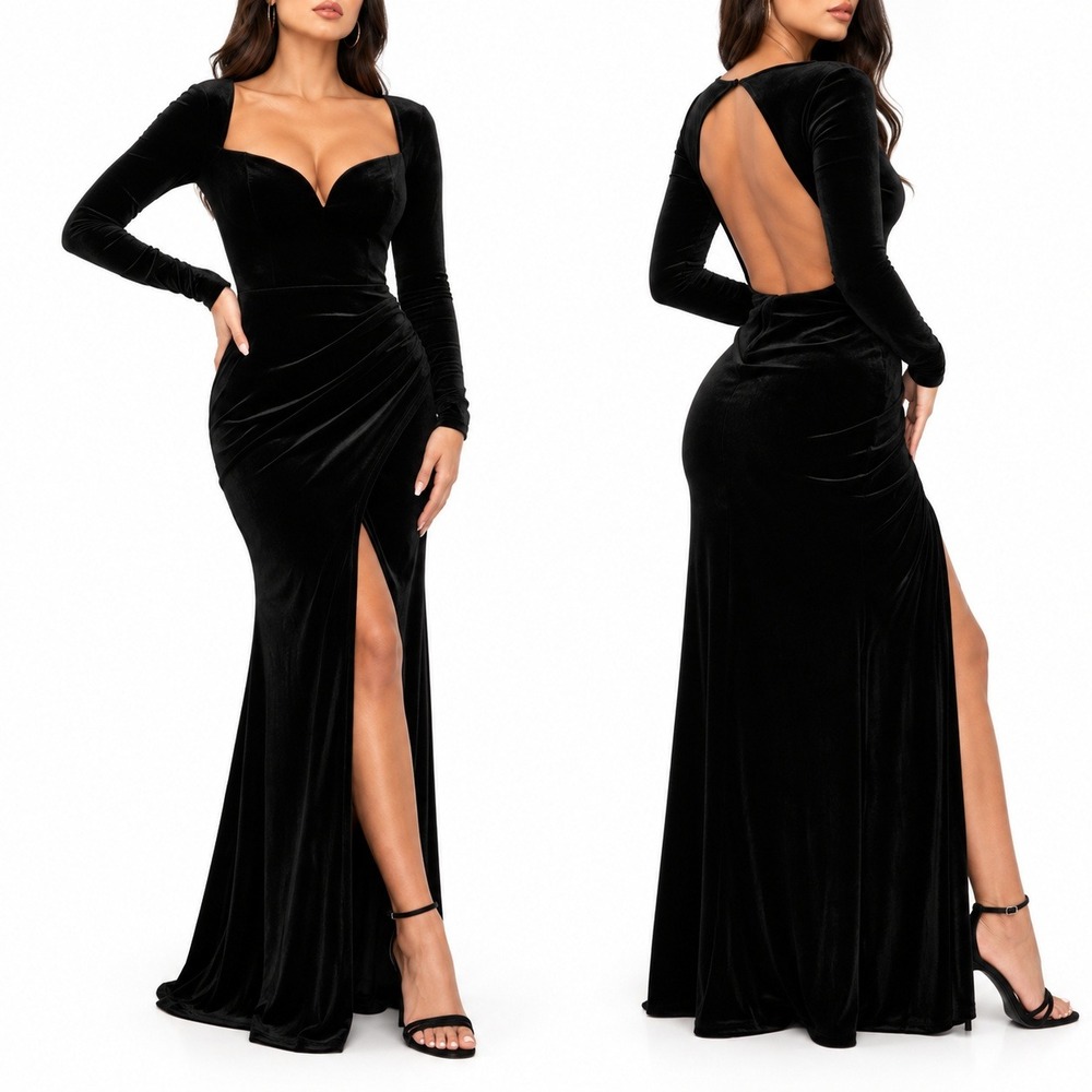 NWT FASHION NOVA Elevated Party Velvet Maxi Dress in Black. Size XS